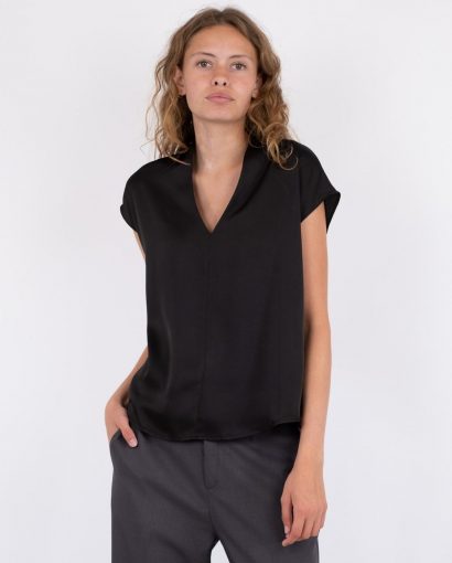Flana Drapy Satin Blouse - Black