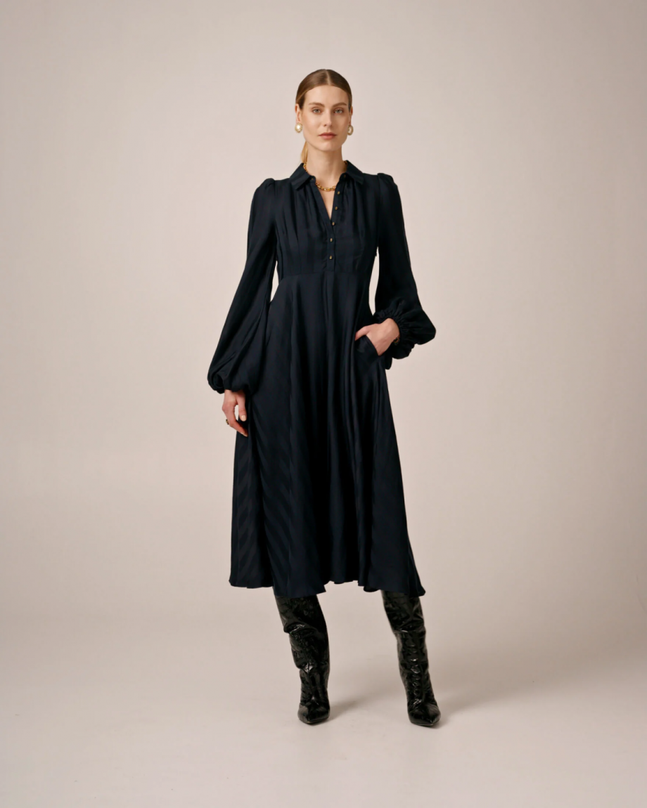 Striped collared Midi Dress - Navy