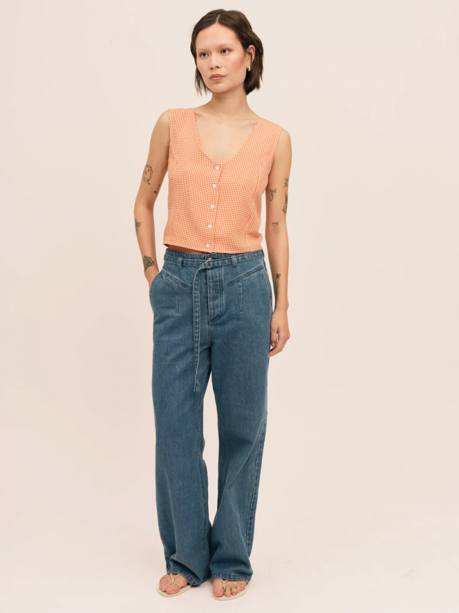 Mari button tank top - Clay checked