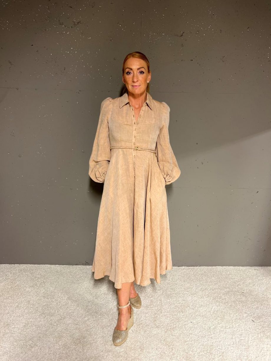 Linen collared maxi dress - Beige melange