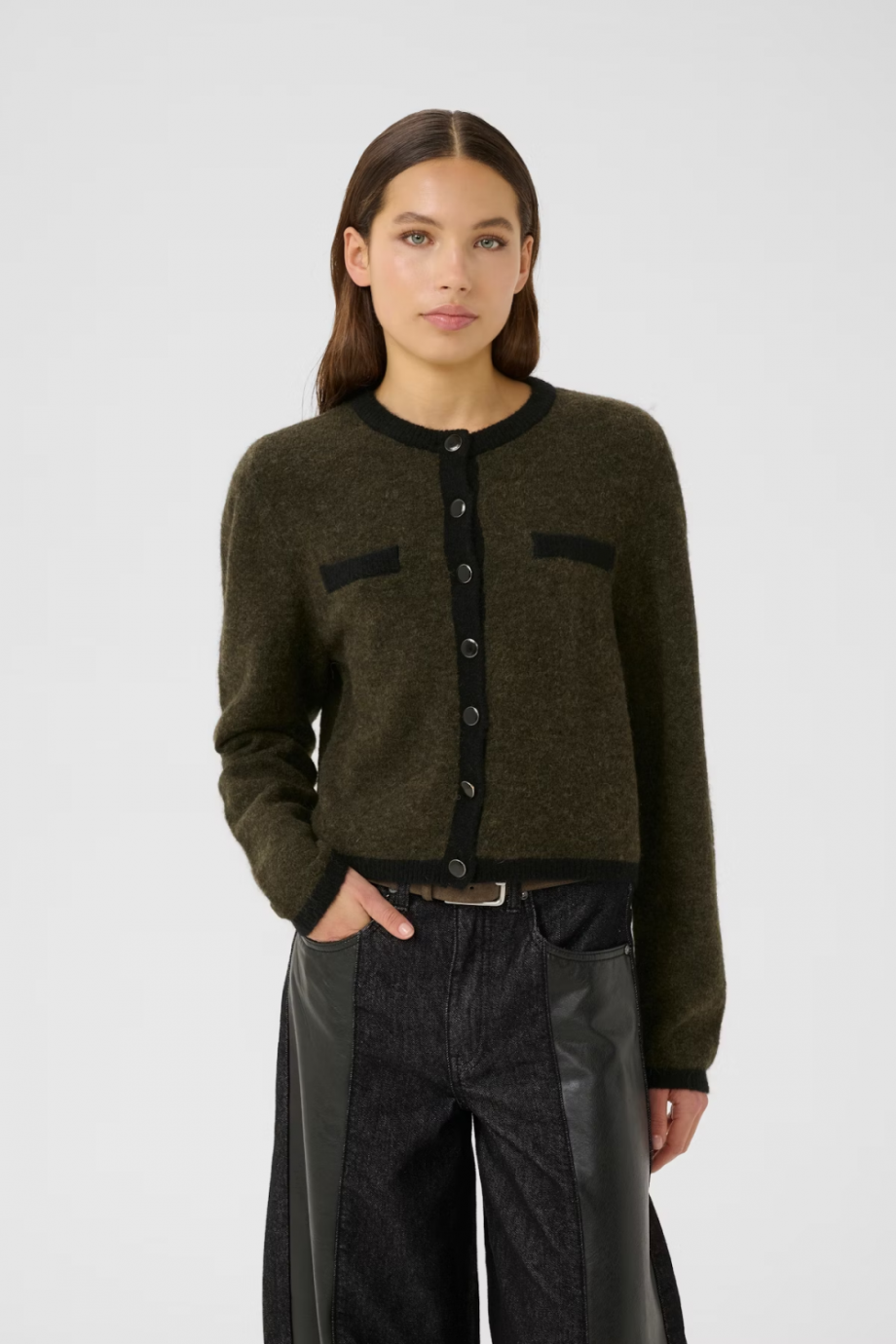 Zalpha ls contrast cardigan - Olive melange