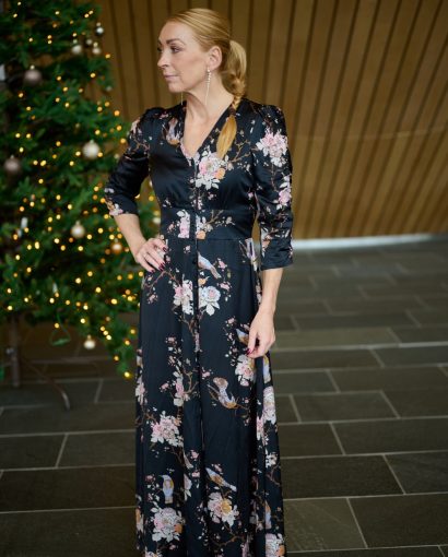 Satin button down dress - Midnight birds