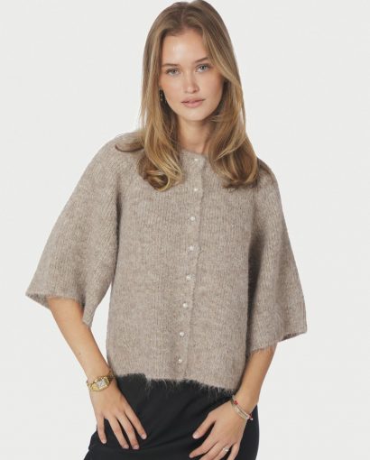 Amaya Fluffy Knit Cardigan - Beige mel