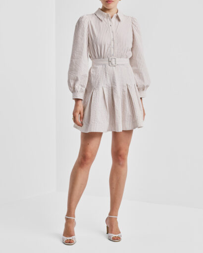 Seersucker pleated dress - Khaki stripe