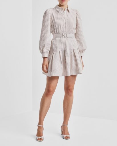 Seersucker pleated dress - Khaki stripe