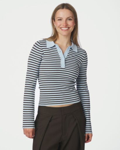 Fannya LS striped knit polo - Light blue stripe